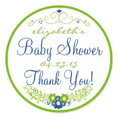 Lime Green & Blue Baby Shower- Floral Classic Round Sticker