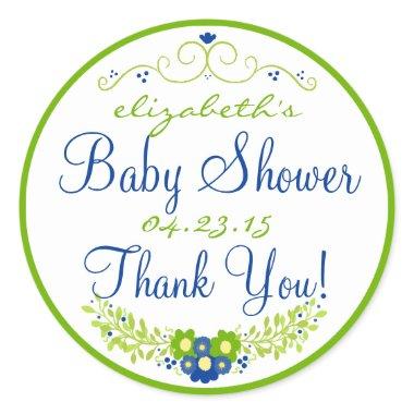 Lime Green & Blue Baby Shower- Floral Classic Round Sticker
