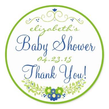 Lime Green & Blue Baby Shower- Floral Classic Round Sticker