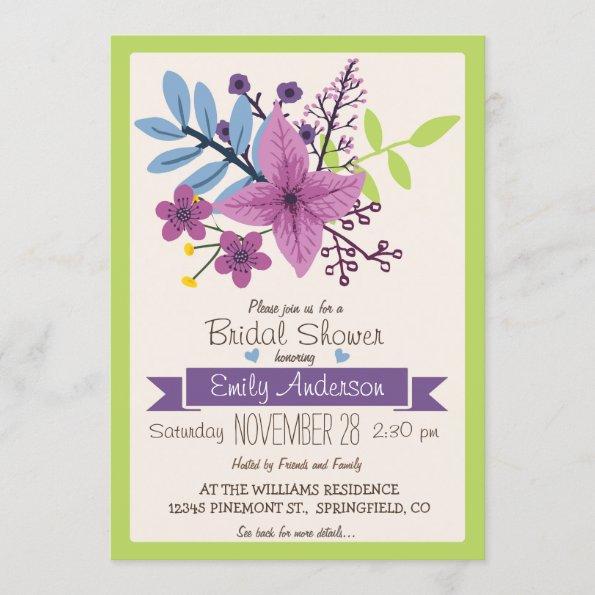 Lime Green & Violet Purple Floral Bridal Shower Invitations