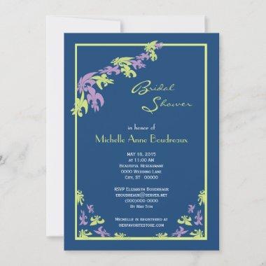 Lime Purple Blue Fleur de Lis Modern Bridal Shower Invitations