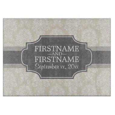 Linen Beige and Charcoal Damask Pattern Cutting Board
