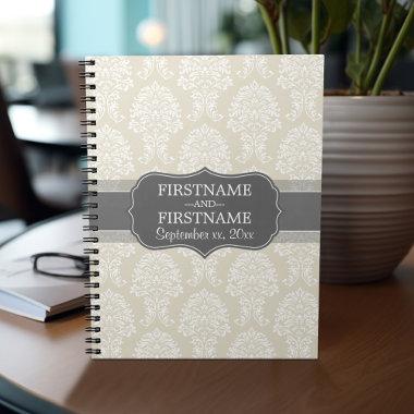 Linen Beige and Charcoal Damask Pattern Notebook