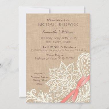 Linen White Lace and Coral Ribbon Bridal Shower Invitations