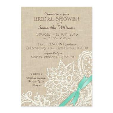 Linen White Lace Aqua Ribbon Bridal Shower Invitations