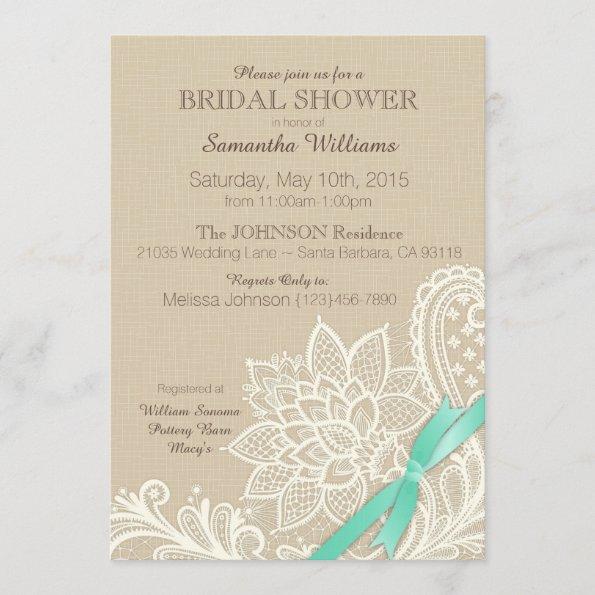 Linen White Lace Aqua Ribbon Bridal Shower Invitations