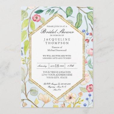 Lingerie Bridal Shower Blue Watercolor Floral Invitations
