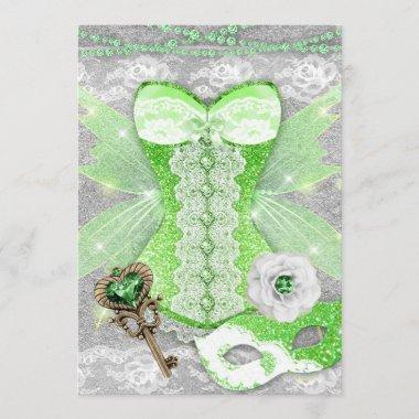 Lingerie Party GREEN Key Corset Mask Silver Invitations