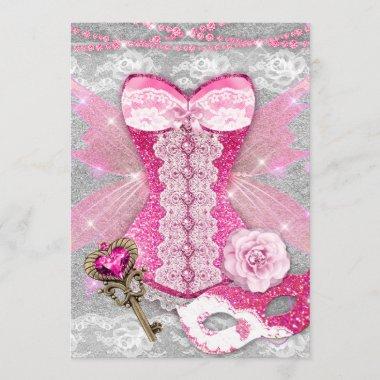 Lingerie Party PINK Key Corset Mask Silver Invitations