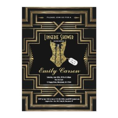 Lingerie shower black and gold art deco party Invitations