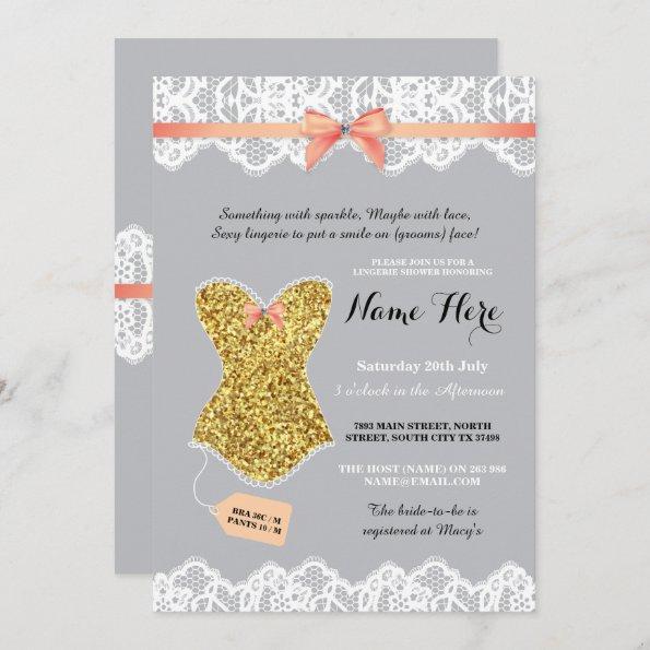 Lingerie Shower Bridal Gold Coral Glitter Invite