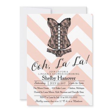 Lingerie Shower, ooh la | pink chevron black lace Invitations