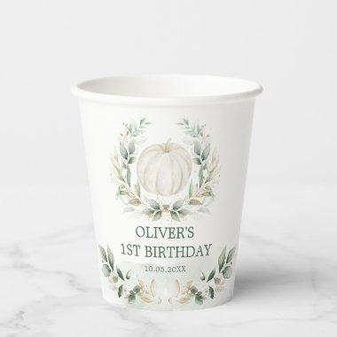 Little Pumpkin Greenery Gold Boy Fall 1st Birthday Paper Cups