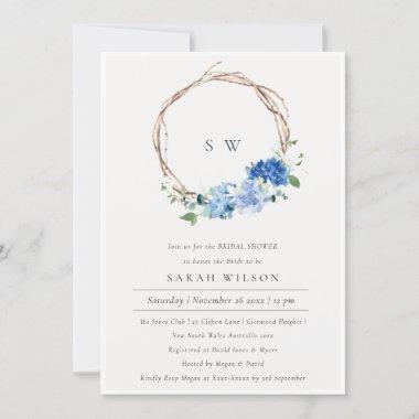 Lively Blue Floral Wreath Bridal Shower Invite