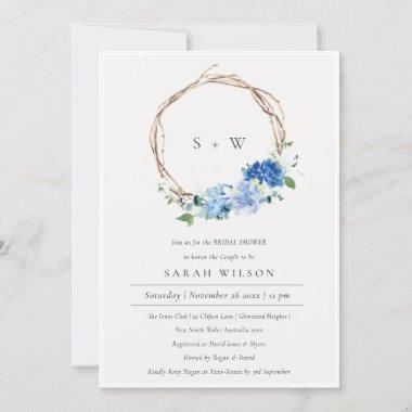 Lively Blue Floral Wreath Bridal Shower Invite