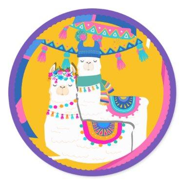 Llama Purple Blue Yellow Colorful Birthday Party Classic Round Sticker