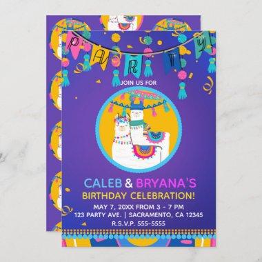 Llama Purple Blue Yellow Colorful Birthday Party Invitations