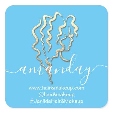 Logo Company Name Beauty Studio Blue Gold Square Sticker