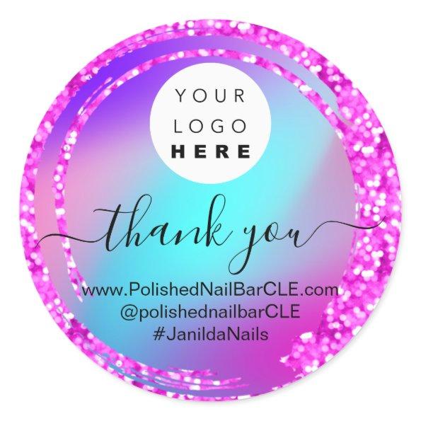 Logo Name Thank You Business Confetti Glitter Pink Classic Round Sticker