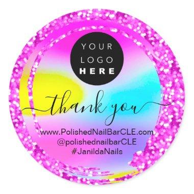 Logo Name Thank You Business Glitter Frame Pink Classic Round Sticker