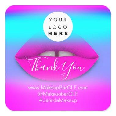 Logo QR Code Name Thank Shopping Pink Lips Blue Square Sticker