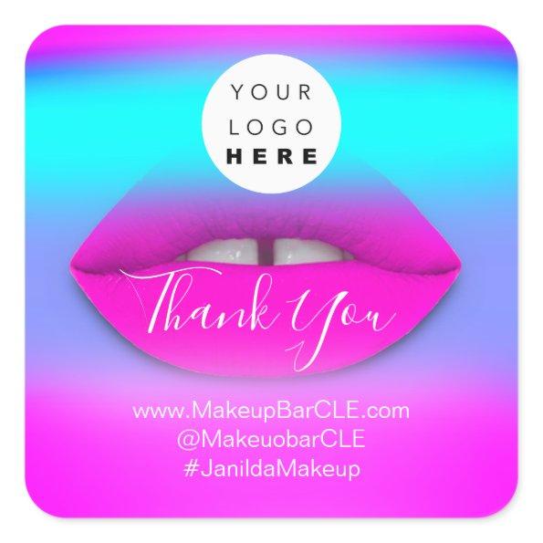 Logo QR Code Name Thank Shopping Pink Lips Blue Square Sticker