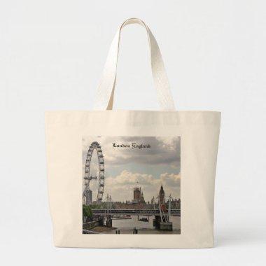 London England Skyline, Big Ben, London Eye,Thames Large Tote Bag