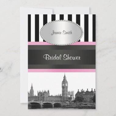 London Skyline BW Blk Wht Strp Pink Bridal Shwr Invitations