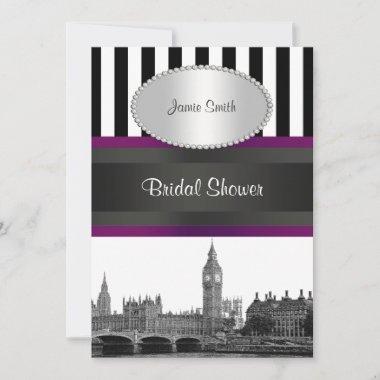 London Skyline BW Blk Wht Strp Purple Bridal Shwr Invitations