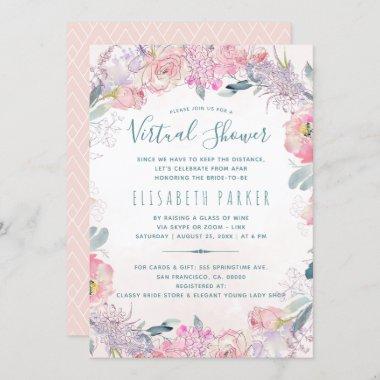 Long distance pink floral virtual bridal shower Invitations