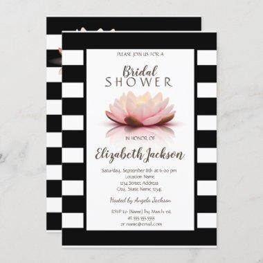 Lotus Flower Black White Stripes Bridal Shower Invitations