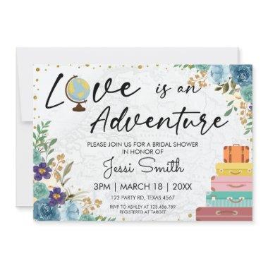 Love Adventure Suitcase Blue Floral Bridal Shower Invitations