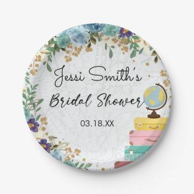 Love Adventure Suitcase Blue Floral Bridal Shower Paper Plates