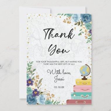 Love Adventure Suitcase Blue Floral Bridal Shower Thank You Invitations