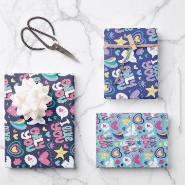 Love and Heart Blue Doodle Pattern Valentine's Day Wrapping Paper Sheets
