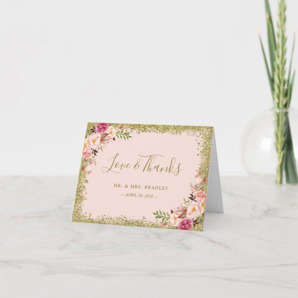 Love and Thanks Blush Pink Gold Glitter Floral Thank You Invitations
