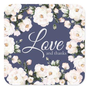Love and Thanks Purple Elegant White Roses Wedding Square Sticker