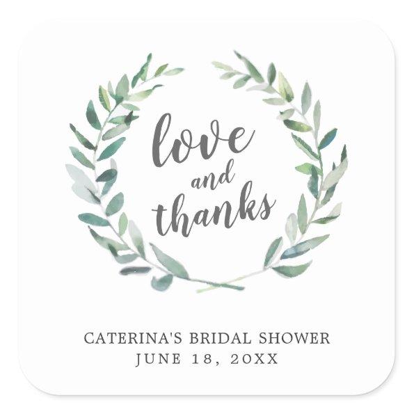 Love and Thanks Rustic Wreath Bridal Shower Favor Square Sticker
