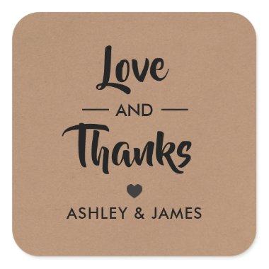 Love and Thanks Sticker, Wedding Gift Tag, Kraft Square Sticker