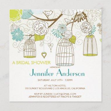 Love Birds Cages Flowers Tree Bridal Shower Invitations