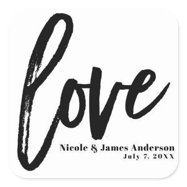 LOVE Black White Modern Typography Wedding Favor Square Sticker