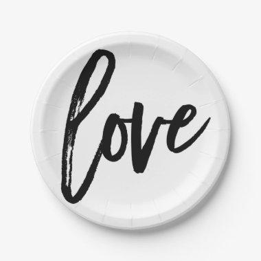 LOVE Black White Modern Typography Wedding Party Paper Plates