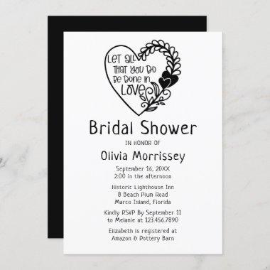 Love Heart Black White Typography Bridal Shower Invitations