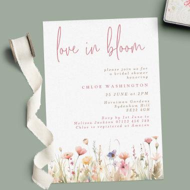 Love in Bloom Pink Wild Flowers Bridal Shower Invitations