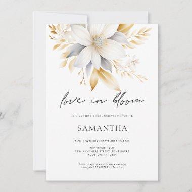 Love In Bloom White Gold Florals Bridal Shower Invitations