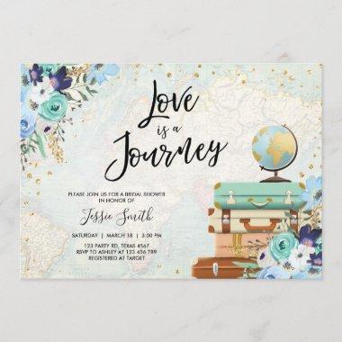 Love is a Journey Blue Floral Travel Bridal Shower Invitations