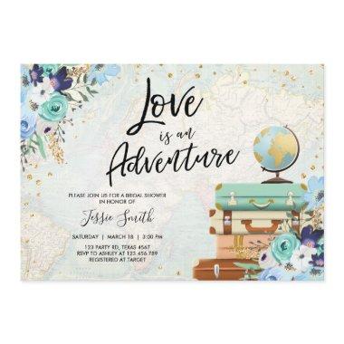 Love is an Adventure Blue Floral Bridal Shower Invitations