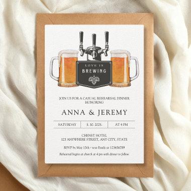 Love is brewing Beer Pizza Casual Rehearsal Dinner Invitations