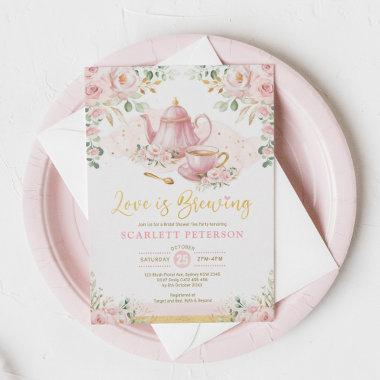 Love is Brewing Blush Flower Bridal Shower Tea Invitations