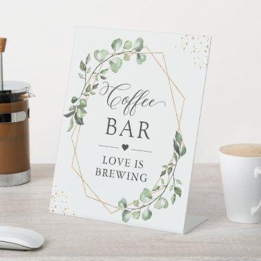 LOVE IS BREWING | Coffee Bar Geometric Eucalyptus Pedestal Sign